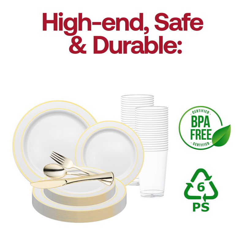 White with Gold Edge Rim Plastic Wedding Value Set (30 Sets) image number 4