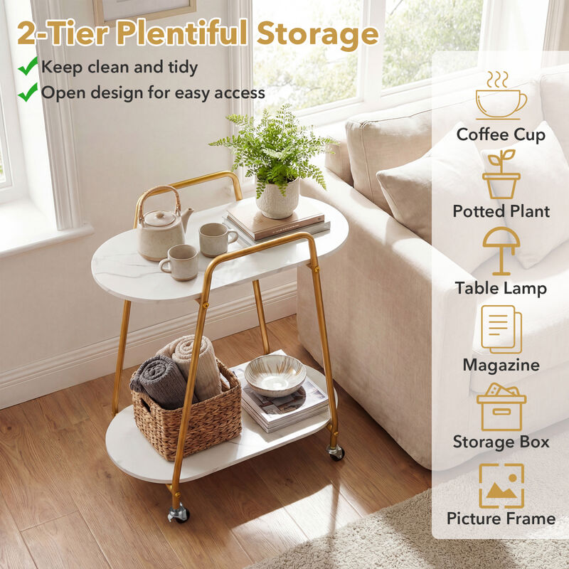2-Tier Rolling End Table with Faux Marble Surfaces for Small Spaces image number 3