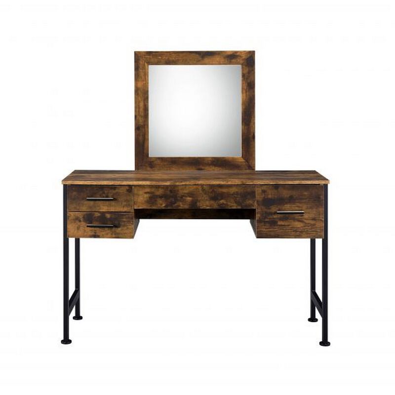 Vanity Desk with 4 Drawers and Square Mirror, Brown and Black-Benzara