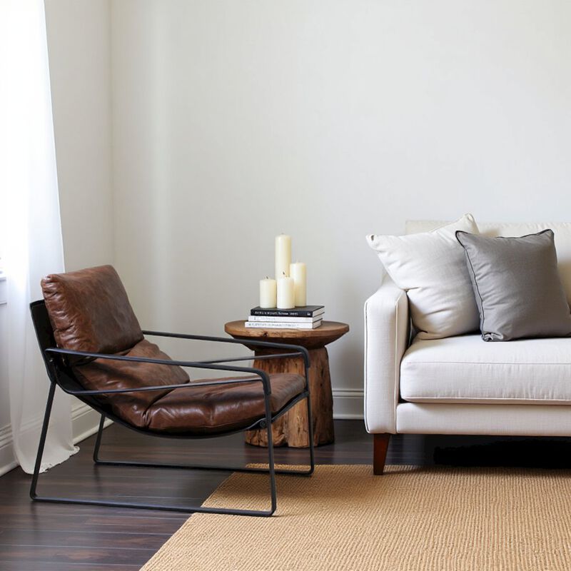 Starlight Canyon Home Mid Century Rustic Armchair Brown Leather with Black Iron Frame image number 7