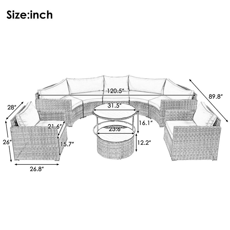 Whisen Modern Style Outdoor Half-moon Patio Sofa Set, 9-Pieces Round Sofa Set - Blue