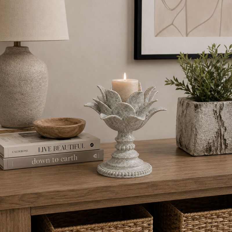 Tabletop D&eacute;cor Candle Holder, Lotus Leaf Sculptural, Speckled Gray, 10 Inch image number 8