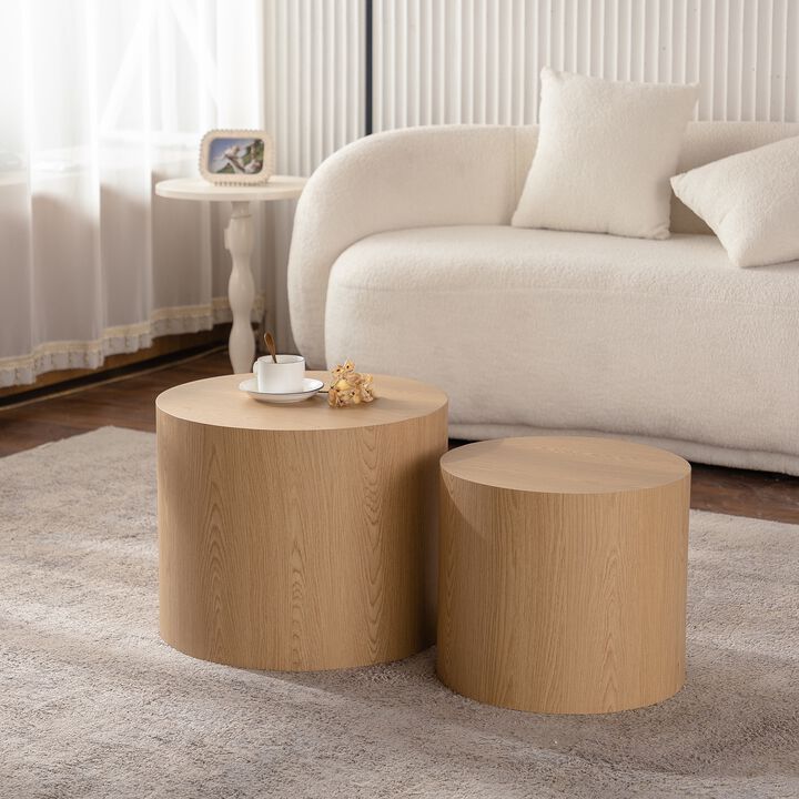 Modern Round Drum Nesting Coffee Table Set of 2, Wooden Cylinder Coffee Tables for Living Room, Space-Saving Design