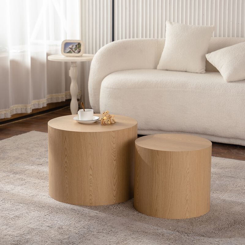 Modern Round Drum Nesting Coffee Table Set of 2, Wooden Cylinder Coffee Tables for Living Room, Space-Saving Design image number 1