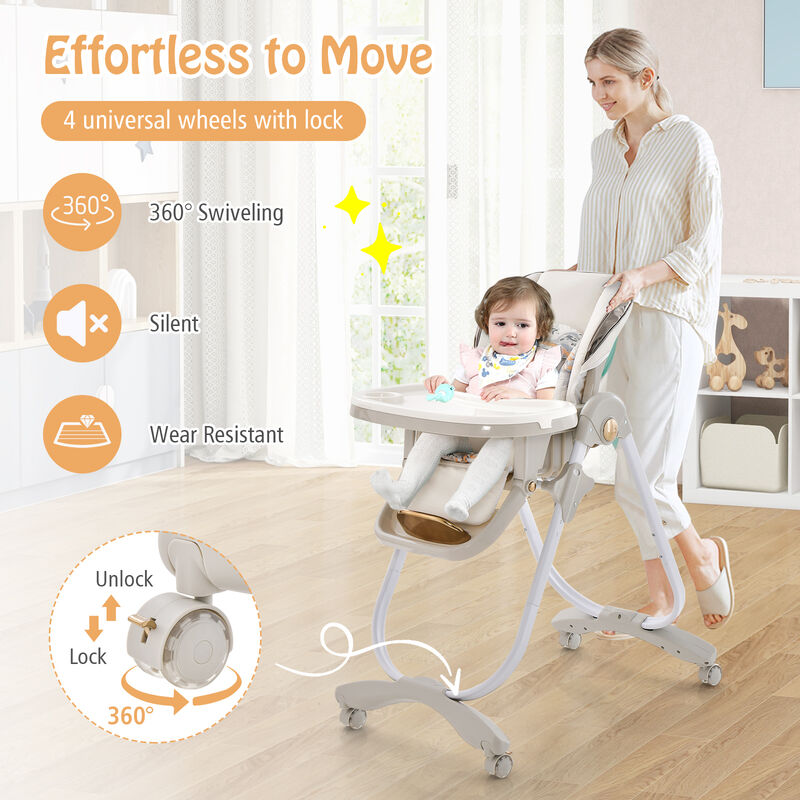 Folding Baby Dining High Chair with Adjustable Height and Recline-Gray