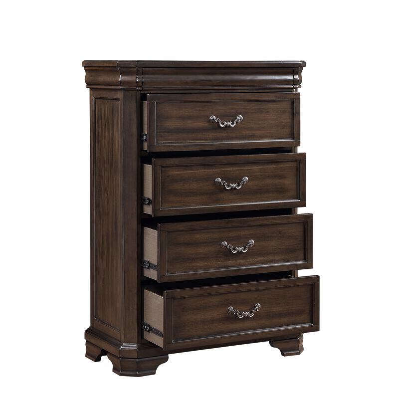 Lynda Tall Dresser Chest, 4 Drawers, Walnut Brown Solid Acacia Wood - Benzara