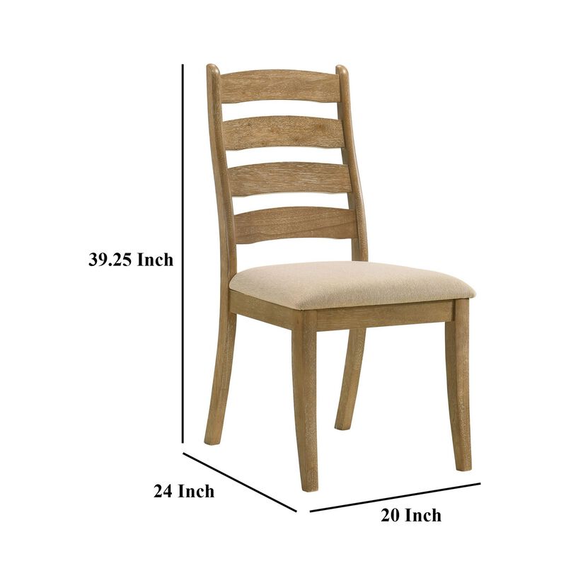 Danie Dining Side Chair Set of 2, Ladderback, Brown Wood, Beige Fabric - Benzara