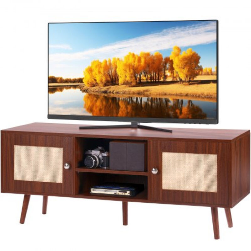 Mid Century Modern Rattan TV Stand &ndash; Media Console for 55 Inch TV with Adjustable Storage Shelves for Living Room