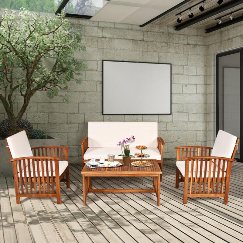 Hivvago 4 Pieces Patio Solid Wood Furniture Set with Water Resistant Cushions