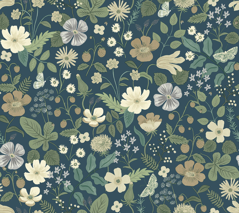 Strawberry Fields Blue & Green Wallpaper