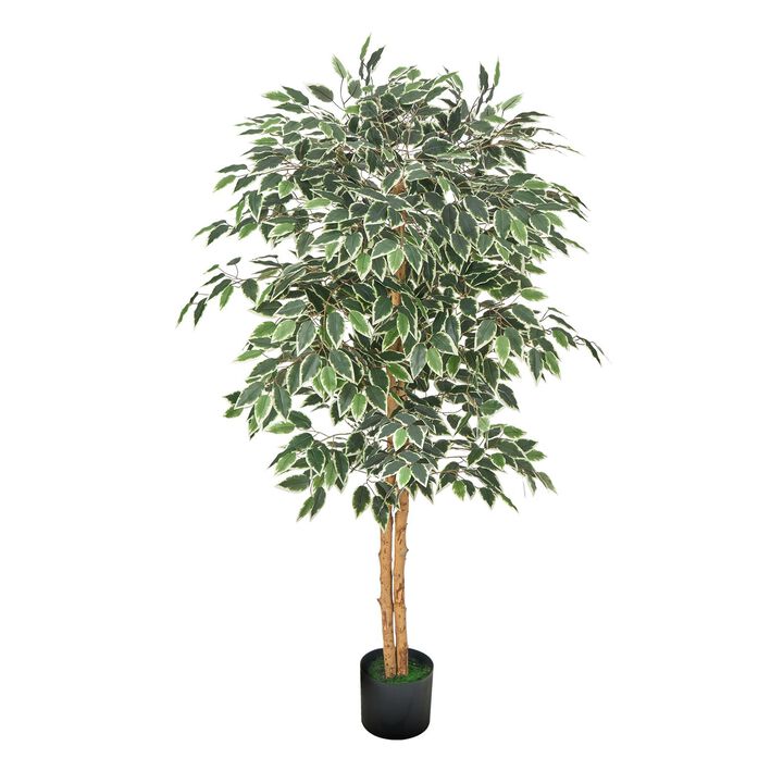 Indoor Artificial Ficus Plant with Wood Trunk, Black Pot and Lifelike Green Leaves