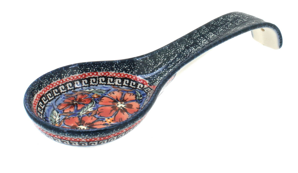 Blue Rose Polish Pottery Mosaic Flower Large Spoon Rest