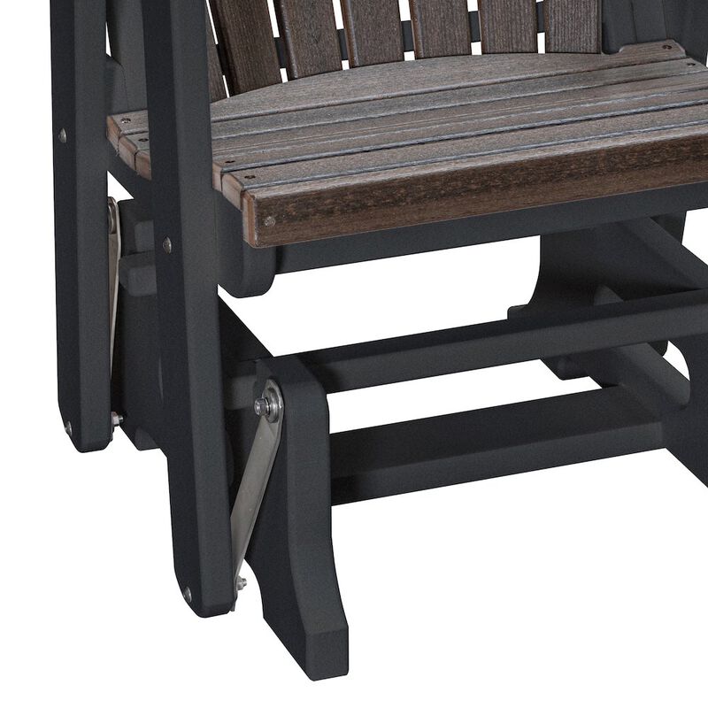 American Furniture Classics Fan Back Glider in Brazilian Walnut Woodgrain with a Black Base, Made in the USA