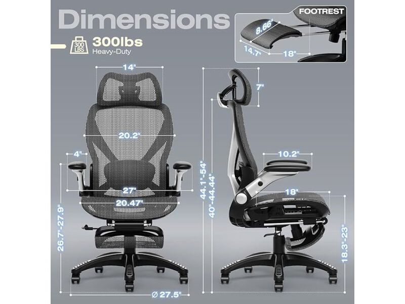 Office Chair &ndash; Ergonomic Mesh Big & Tall Seat with Footrest, 3D Lumbar & Flip‑Up Arms image number 2
