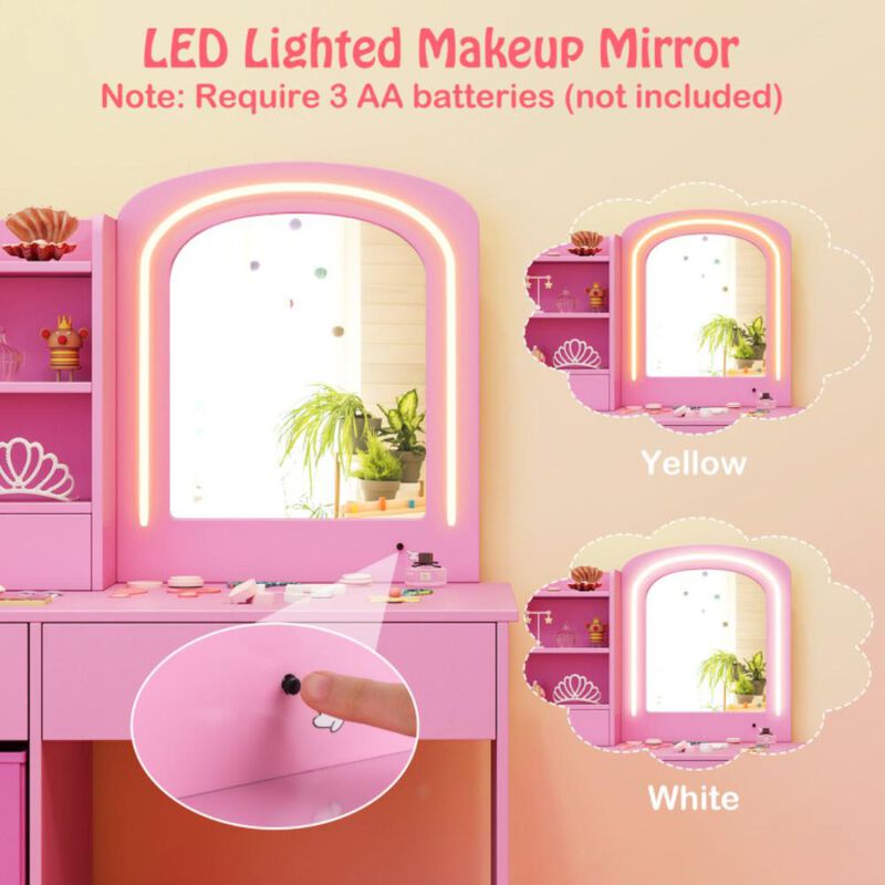 Hivvago Kids Vanity Set with Lighted Mirror Makeup Desk and Chair Set with Drawers