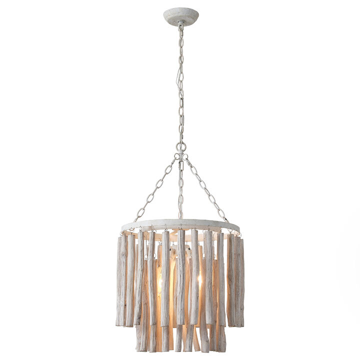 17 in. 4-Light White Chandelier with Wood Shade
