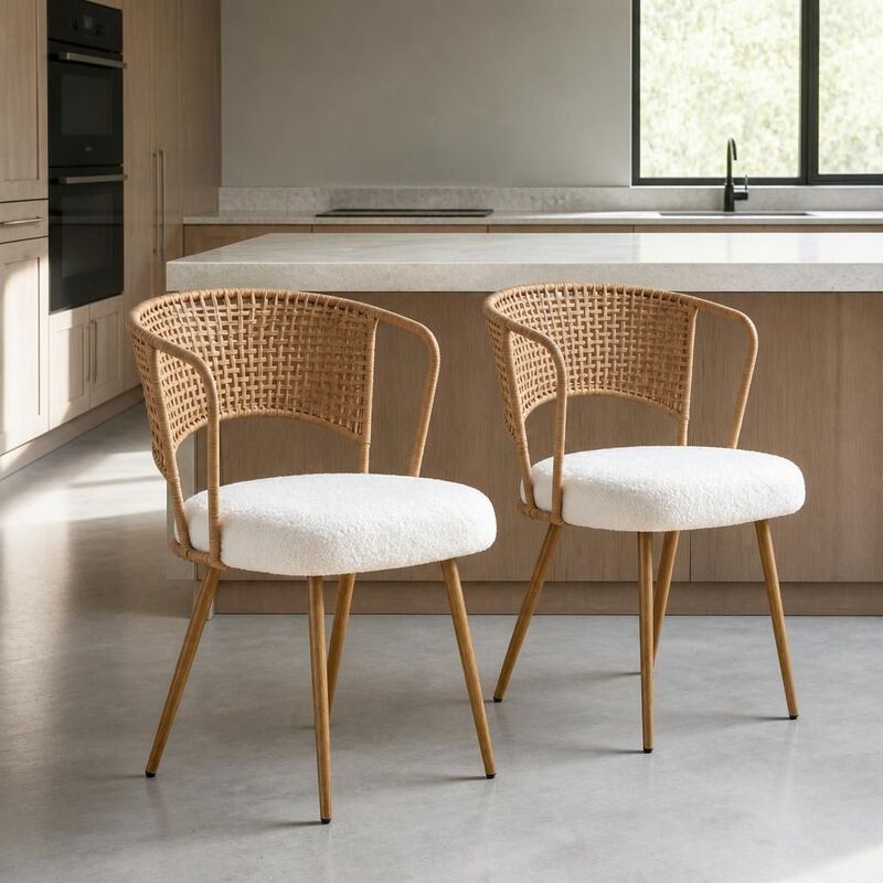 GOODSILO Set of Two Woven Rattan Wing Back Dining Chairs with Soft Foam Cushion and Metal Legs for Kitchen Dining Room Home Use image number 3