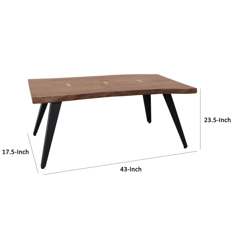 47 Inch Coffee Table, Live Edge Acacia Wood with Iron Legs, Brown, Black-Benzara