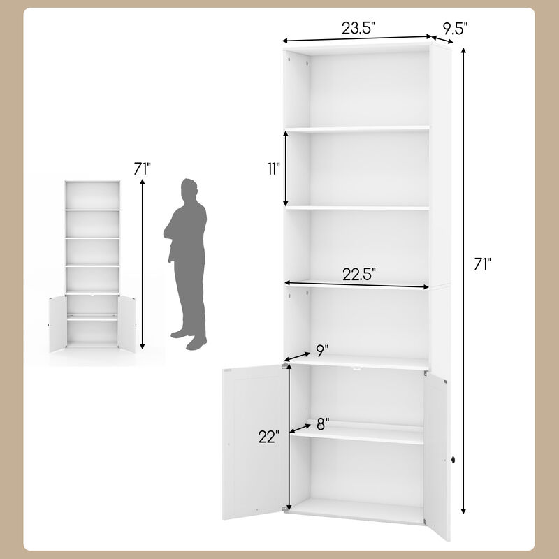 Freestanding Bookshelf with 6 Shelves and 2-Door Cabinet