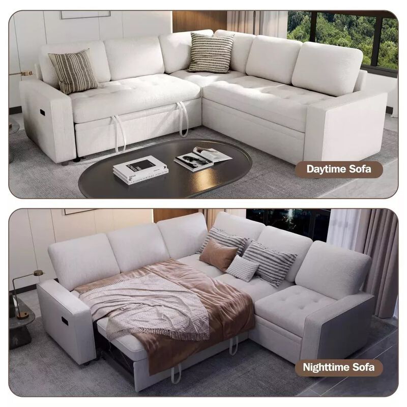 Vipbear 79" 5-Seat L-Shaped Sectional Sleeper Sofa Bed, Chenille Pull-Out Couch with Backrest image number 2