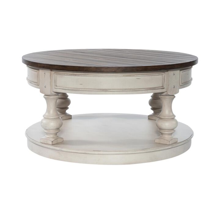 Liberty Furniture Round Cocktail Table Antique White w/ Wirebrushed Tobacco Accents