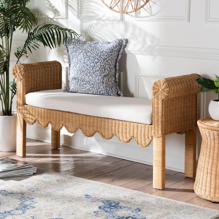 bali & pari Reiko Handwoven Natural Rattan Bench with Scalloped Detailing &ndash; Boho Farmhouse Entryway, Bedroom, or Living Room Accent Seating
