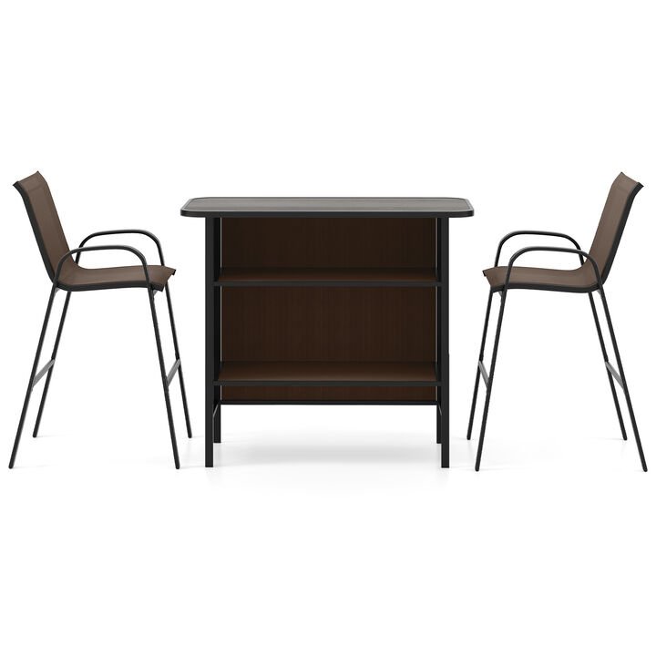 Outdoor 3 Piece Bar Set with Footrest and 2 Tier Storage Shelf