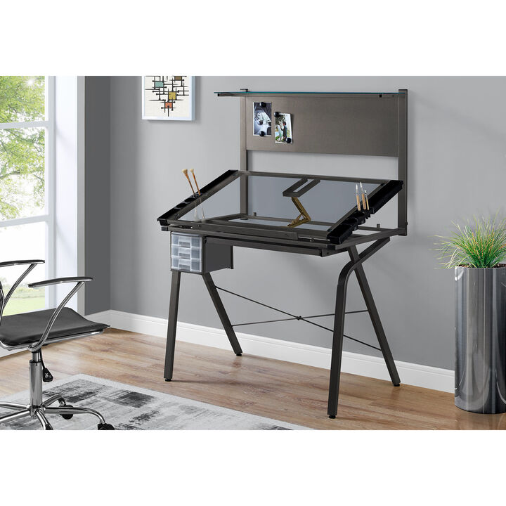 Monarch Specialties I 7034 Drafting Table, Adjustable Angle, Drawing, Storage, Craft, Metal, Tempered Glass, Grey, Clear, Contemporary, Modern