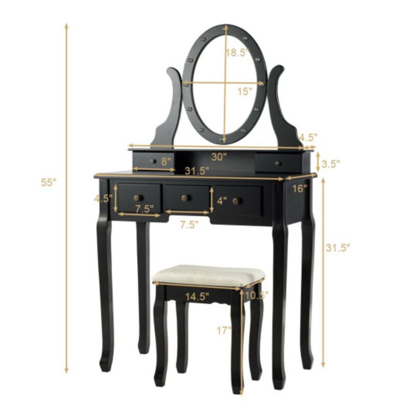 5 Drawers Vanity Table Stool Set with 12-LED Bulbs-Black