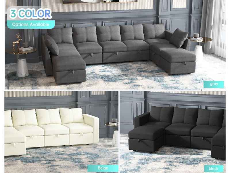 Livelylodge Modular 4-Seat Sofa with Wooden Frame and Pull-Out Bed, Convertible Sectional Sofa for Living Room, Available in Black, Beige, and Gray 109" L x 30.5" W x 34" H