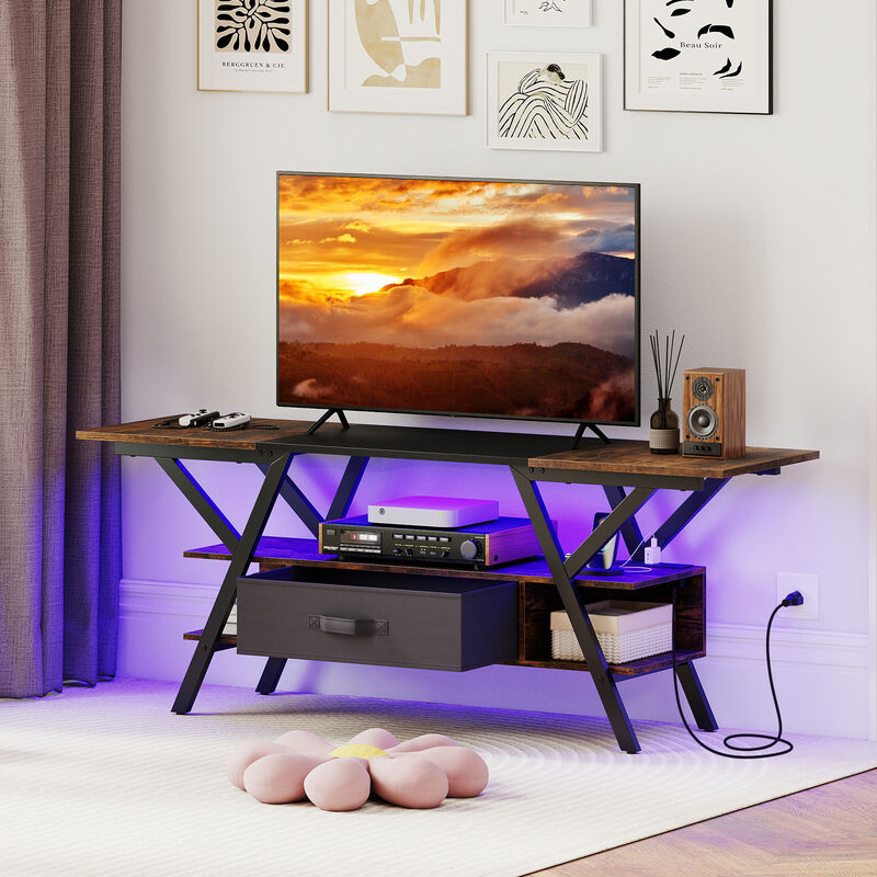 TV Console with Power Outlets and LED Lights for Media Storage-Rustic Brown image number 1