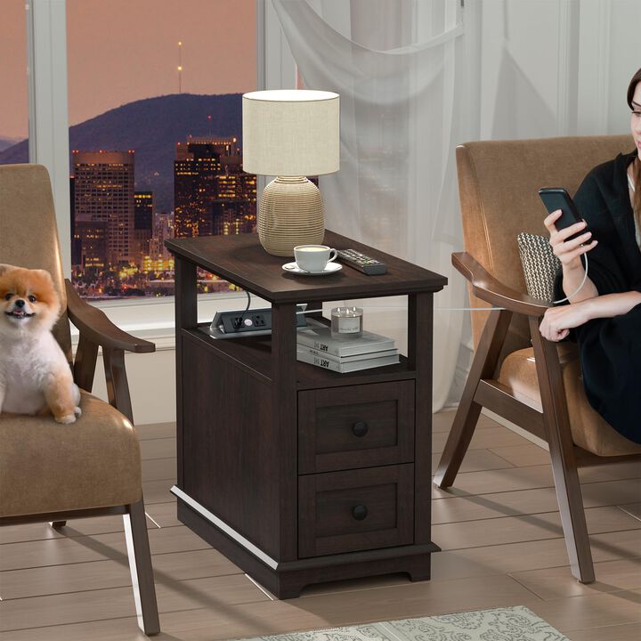 HIFYOBRO Narrow End Table with Flip Top Charging Station, Side Table with 2 Drawers, Type-C & USB Port & Power outlets, Wooden S