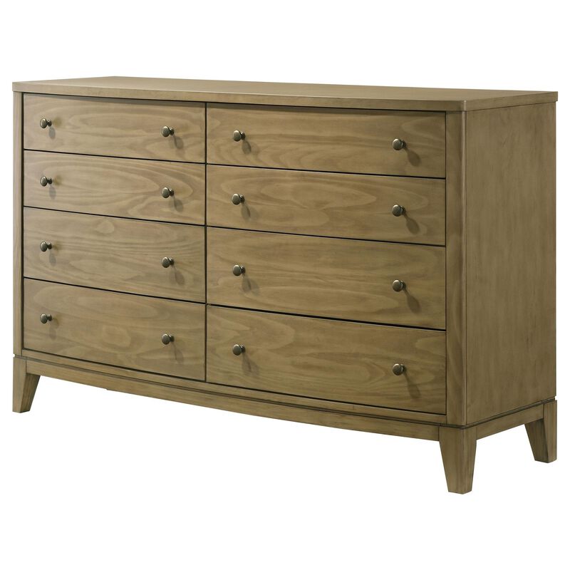 Heon Wide Dresser, 8 Drawers w Round Nickel Knobs, Natural Brown Pine - Benzara