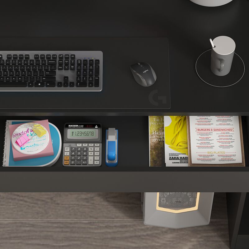 90.6 in. W Black Wood Computer Gaming Desk Home Office Desk, with 82.7 in. H Bookshelf, LED Lights, Drawers, Cabinets