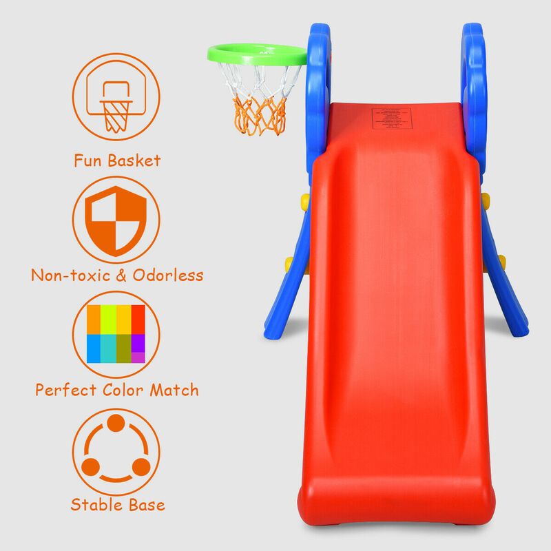 Foldable 2-Step Kids Slide with Hoop for Indoor Fun &ndash; Red, Blue, Yellow image number 2