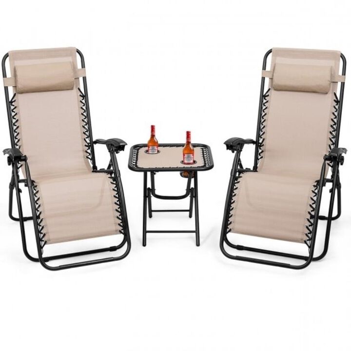 Hivvago 3 Piece Folding Portable Reclining Lounge Chairs Table Set Tan