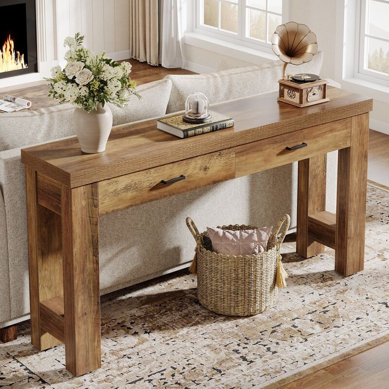Tribesigns Country Rustic Wood Console Table with Drawers image number 6