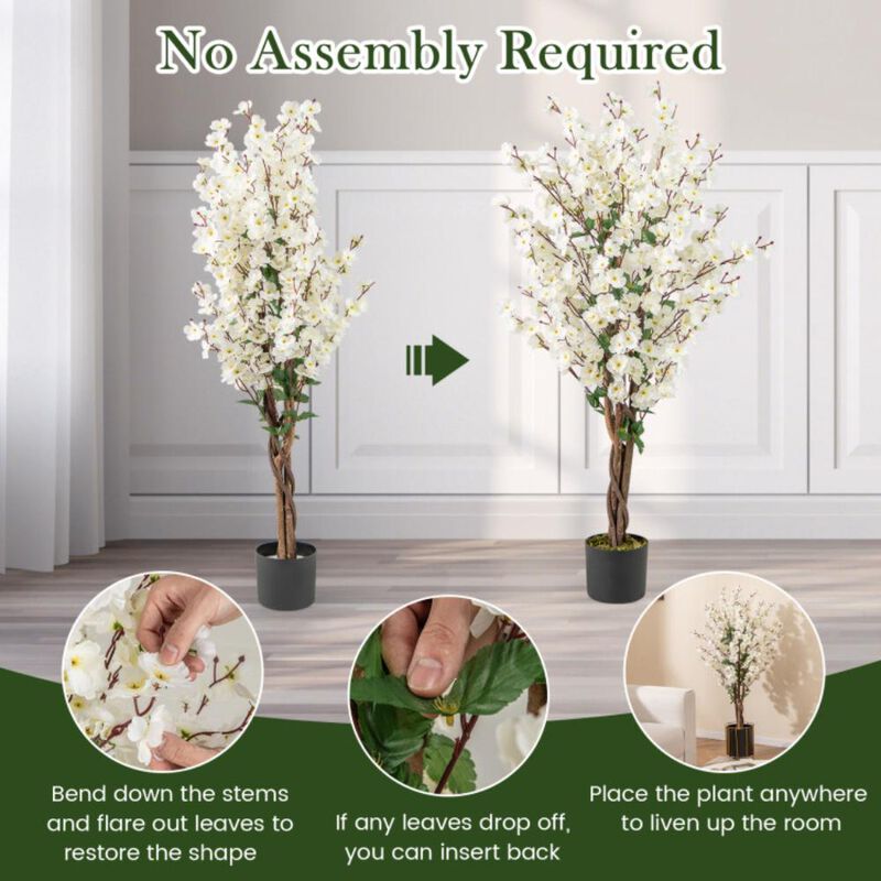 Hivvago Faux Plum Blossom Plant with White Fabric Flower and Solid Wood Trunk