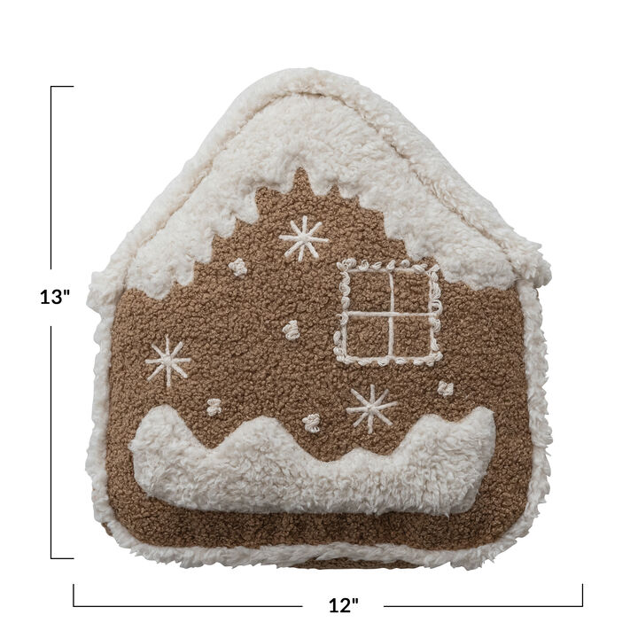 Woven Fabric Boucle and Faux Sherpa Gingerbread House Shaped Pillow with Embroidery, Brown and Natural