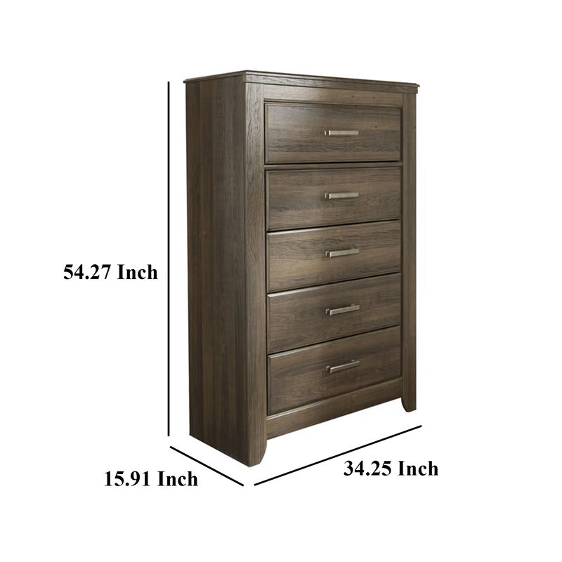 Rye Tall Dresser Chest, 5 Drawers, Modern Classic Laminate Dark Brown - Benzara