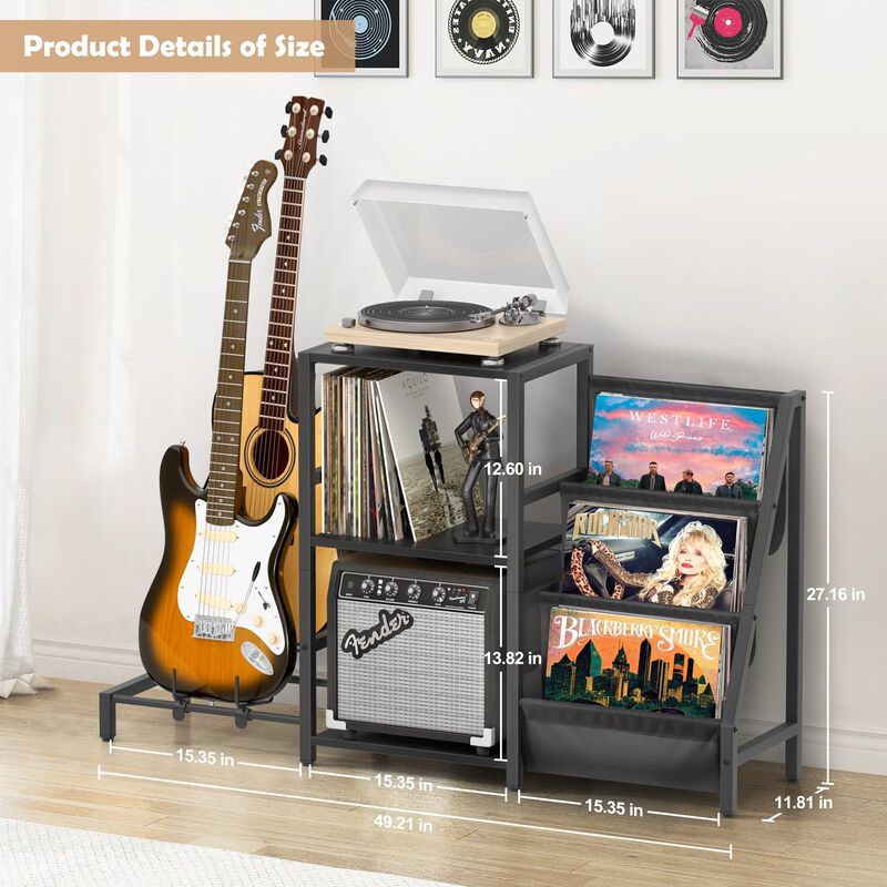 Bikoney Mid Century Modern Record Player Stand, Guitar Stand for Acoustic, Electric Guitar, Bass with Amp Stand, 3-Tier Vinyl Re