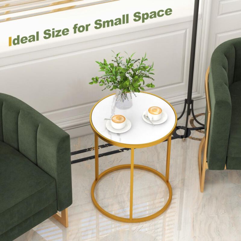 Hivvago 16 Inch Marble Top Round Side Table with Golden Metal Frame for Living Room Bedroom- 2 Pieces