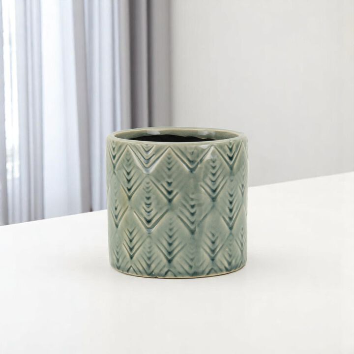 HomeRoots Turquoise Ceramic 22 Ounce Geometric Round Distressed Pot Planter