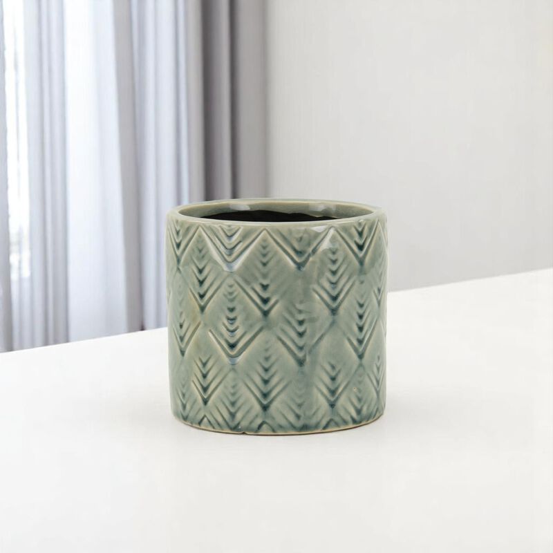 HomeRoots Turquoise Ceramic 22 Ounce Geometric Round Distressed Pot Planter image number 1
