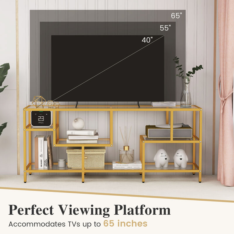 58 Inch TV Console Table with Tempered Glass Shelves for Living Room-Gold