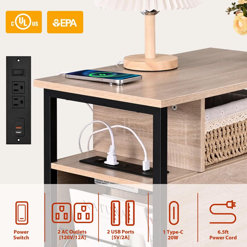 Livofloral Side Tables with Charging Station, Narrow End Table with 2 Wooden Drawers, USB Ports and Power Outlets, Narrow Nights