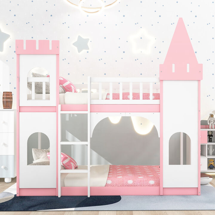 Whisen Twin Over Twin Castle Bunk Bed with Ladder, Solid Wood Playhouse Loft Bed with Guardrails for Kids Bedroom