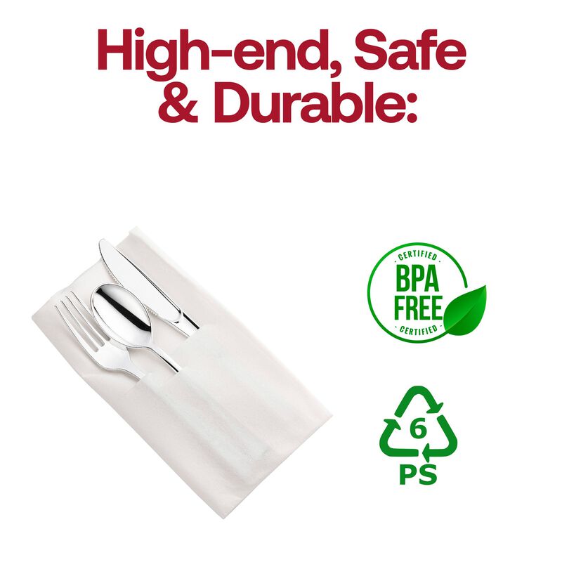 Silver Plastic Cutlery in White Pocket Napkin Set (70 Sets) image number 4