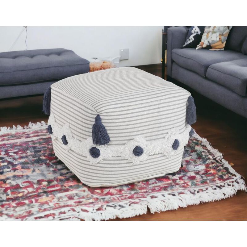 Hivvago 18 Inch Gray Cotton Striped Pouf Ottoman