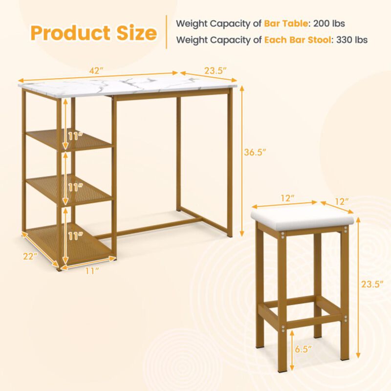 Hivvago 3 Pieces Gold Bar Table Set for 2 with 3-Tier Storage Shelves-Golden